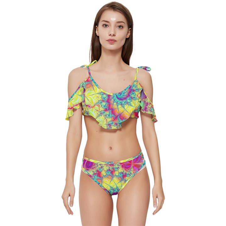 Fractal Spiral Abstract Background Ruffle Edge Tie Up Bikini Set	