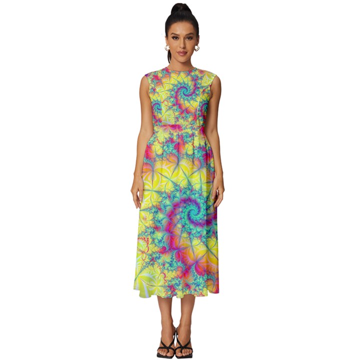 Fractal Spiral Abstract Background Sleeveless Round Neck Midi Dress