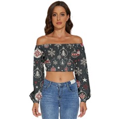 Christmas Winter Xmas Long Sleeve Crinkled Weave Crop Top by Vaneshop