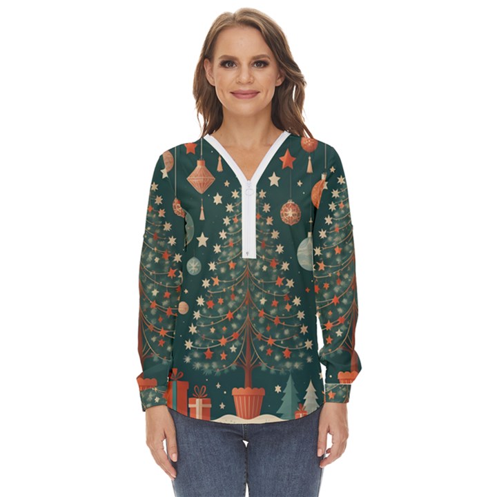 Tree Christmas Zip Up Long Sleeve Blouse