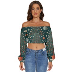 Tree Christmas Long Sleeve Crinkled Weave Crop Top by Vaneshop