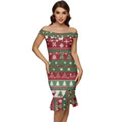 Christmas Decoration Winter Xmas Pattern Off Shoulder Ruffle Split Hem Bodycon Dress by Vaneshop