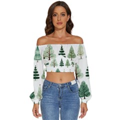 Christmas Trees Long Sleeve Crinkled Weave Crop Top by Vaneshop