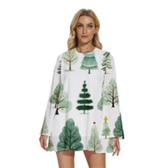 Christmas Trees Round Neck Long Sleeve Bohemian Style Chiffon Mini Dress by Vaneshop