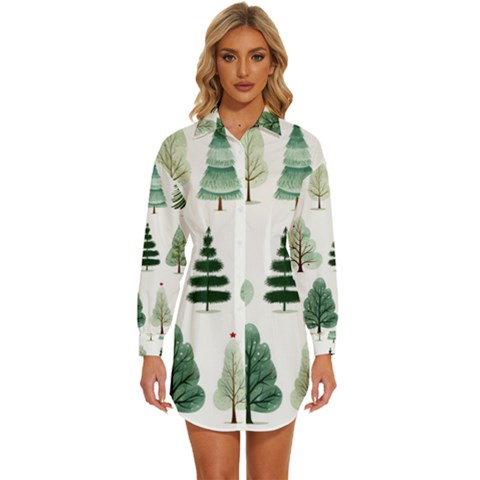 Christmas Trees Womens Long Sleeve Shirt Dress by Vaneshop