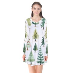 Christmas Xmas Trees Long Sleeve V-neck Flare Dress