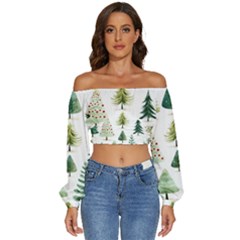 Christmas Xmas Trees Long Sleeve Crinkled Weave Crop Top by Vaneshop