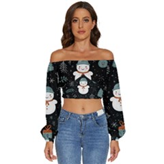 Snowman Christmas Long Sleeve Crinkled Weave Crop Top by Vaneshop