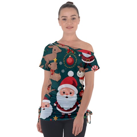 Christmas Santa Claus Off Shoulder Tie-up T-shirt by Vaneshop