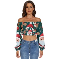 Christmas Santa Claus Long Sleeve Crinkled Weave Crop Top by Vaneshop