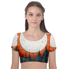 Moon Night Nature Dream Sky Velvet Short Sleeve Crop Top  by Vaneshop