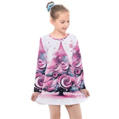 Winter Christmas Snow Xmas Tree Kids  Long Sleeve Dress by Vaneshop