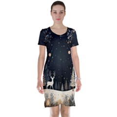 Christmas Winter Xmas Scene Nature Forest Tree Moon Short Sleeve Nightdress by Vaneshop