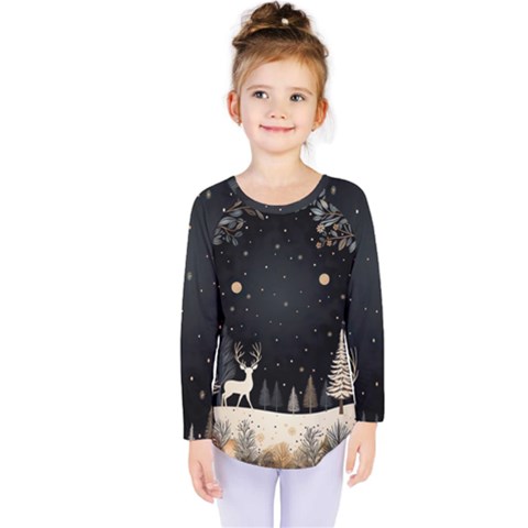 Christmas Winter Xmas Scene Nature Forest Tree Moon Kids  Long Sleeve T-shirt by Vaneshop