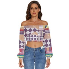 Abstract Shapes Colors Gradient Long Sleeve Crinkled Weave Crop Top by Vaneshop