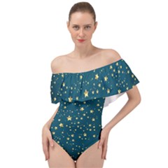 Star Golden Pattern Christmas Design White Gold Off Shoulder Velour Bodysuit  by Vaneshop