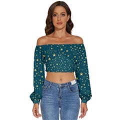 Star Golden Pattern Christmas Design White Gold Long Sleeve Crinkled Weave Crop Top by Vaneshop