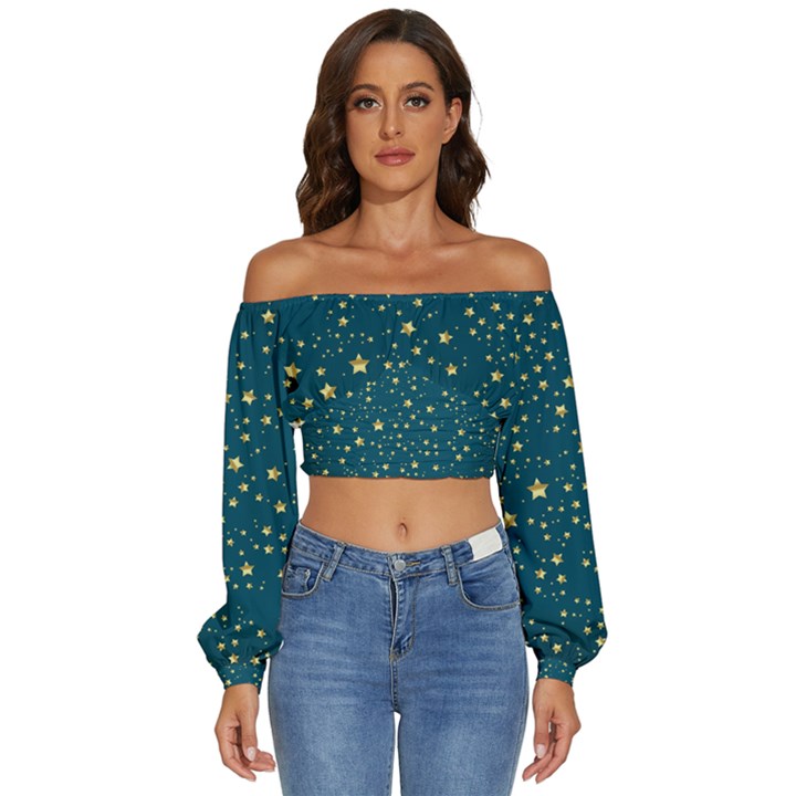 Star Golden Pattern Christmas Design White Gold Long Sleeve Crinkled Weave Crop Top