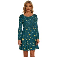 Star Golden Pattern Christmas Design White Gold Long Sleeve Wide Neck Velvet Dress by Vaneshop