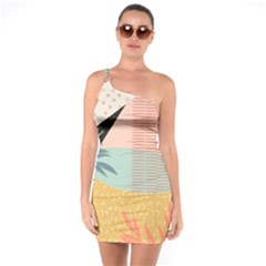 Leaves Pattern Design Colorful Decorative Texture One Shoulder Ring Trim Bodycon Dress by Vaneshop