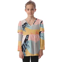 Leaves Pattern Design Colorful Decorative Texture Kids  V Neck Casual Top by Vaneshop