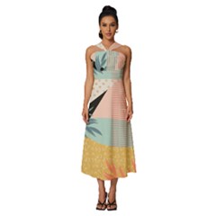 Leaves Pattern Design Colorful Decorative Texture Sleeveless Cross Front Cocktail Midi Chiffon Dress by Vaneshop