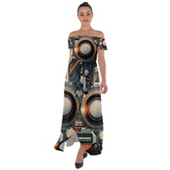 Illustrations Technology Robot Internet Processor Off Shoulder Open Front Chiffon Dress by Vaneshop