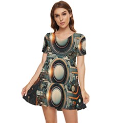 Illustrations Technology Robot Internet Processor Tiered Short Sleeve Babydoll Dress by Vaneshop