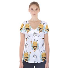 Art Bee Pattern Design Wallpaper Background Short Sleeve Front Detail Top by Vaneshop