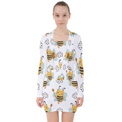 Art Bee Pattern Design Wallpaper Background V-neck Bodycon Long Sleeve Dress by Vaneshop