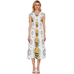 Art Bee Pattern Design Wallpaper Background V-neck Drawstring Shoulder Sleeveless Maxi Dress by Vaneshop