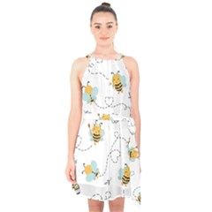 Bee Art Pattern Design Wallpaper Background Print Halter Collar Waist Tie Chiffon Dress by Vaneshop