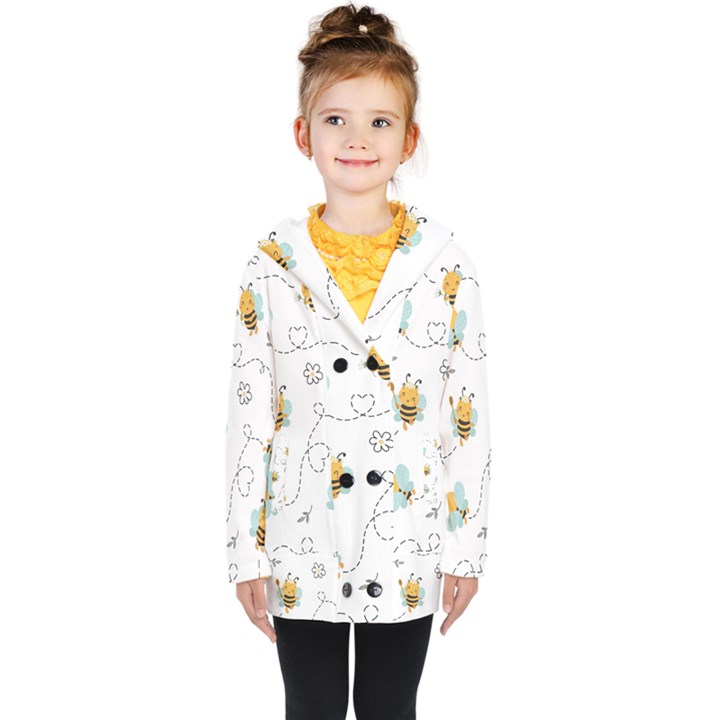 Bee Art Pattern Design Wallpaper Background Print Kids  Double Breasted Button Coat