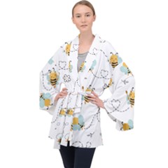 Bee Art Pattern Design Wallpaper Background Print Long Sleeve Velvet Kimono  by Vaneshop