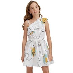 Bee Art Pattern Design Wallpaper Background Print Kids  One Shoulder Party Dress by Vaneshop