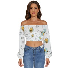 Bee Art Pattern Design Wallpaper Background Print Long Sleeve Crinkled Weave Crop Top by Vaneshop