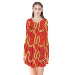 Background Ornamental Pattern Abstract Seamless Long Sleeve V-neck Flare Dress