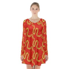 Background Ornamental Pattern Abstract Seamless Long Sleeve Velvet V-neck Dress