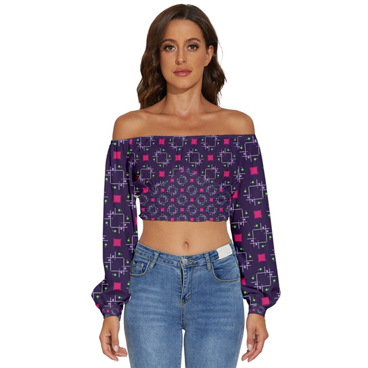 Geometric Pattern Retro Style Background Long Sleeve Crinkled Weave Crop Top