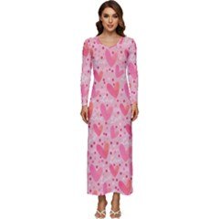 Valentine Romantic Love Watercolor Pink Pattern Texture Long Sleeve Longline Maxi Dress by Vaneshop