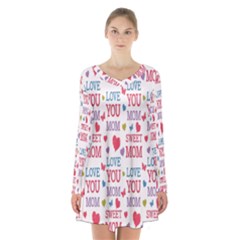 Love Mom Happy Mothers Day I Love Mom Graphic Long Sleeve Velvet V-neck Dress