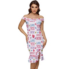 Love Mom Happy Mothers Day I Love Mom Graphic Off Shoulder Ruffle Split Hem Bodycon Dress by Vaneshop