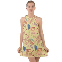 Love Mom Happy Mothers Day I Love Mom Graphic Pattern Halter Tie Back Chiffon Dress by Vaneshop