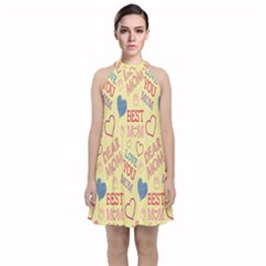 Love Mom Happy Mothers Day I Love Mom Graphic Pattern Velvet Halter Neckline Dress 