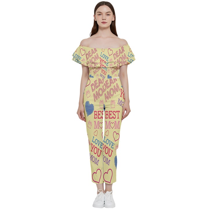 Love Mom Happy Mothers Day I Love Mom Graphic Pattern Bardot Ruffle jumpsuit