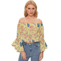 Love Mom Happy Mothers Day I Love Mom Graphic Pattern Off Shoulder Flutter Bell Sleeve Top