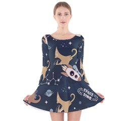 Space Theme Art Pattern Design Wallpaper Long Sleeve Velvet Skater Dress