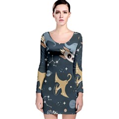 Space Theme Art Pattern Design Wallpaper Long Sleeve Velvet Bodycon Dress