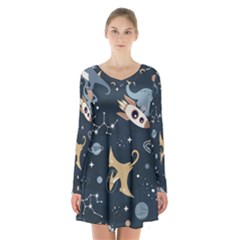 Space Theme Art Pattern Design Wallpaper Long Sleeve Velvet V-neck Dress