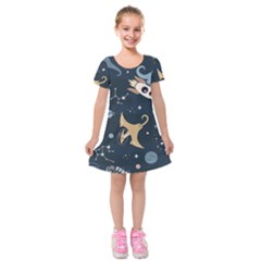 Space Theme Art Pattern Design Wallpaper Kids  Short Sleeve Velvet Dress